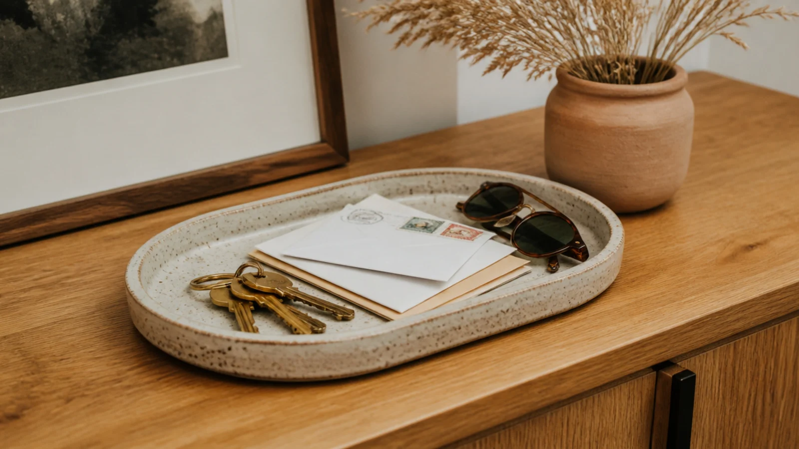 shallow stoneware tray holding keys and mail on an entryway table