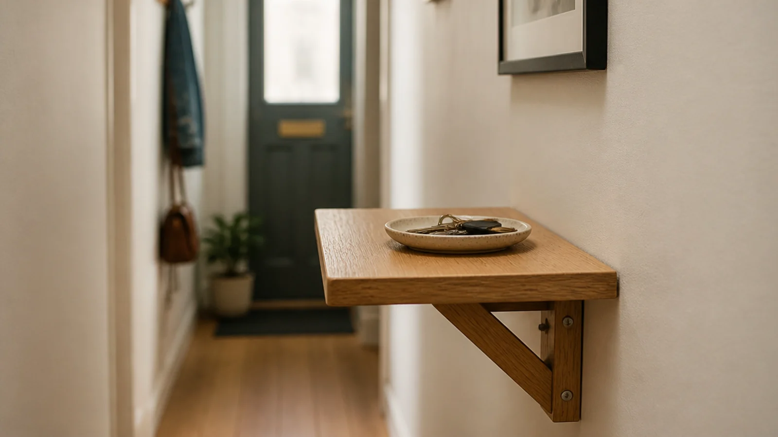 wall mounted folding shelf open in a very narrow entryway hall