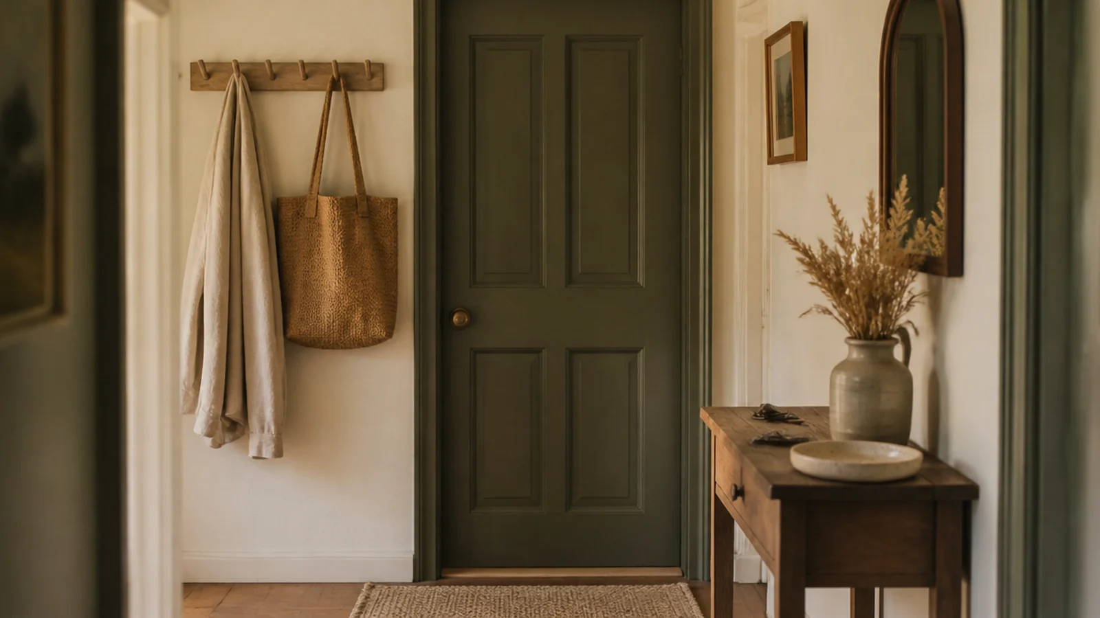 budget entryway with a painted door peg rail and thrifted console table