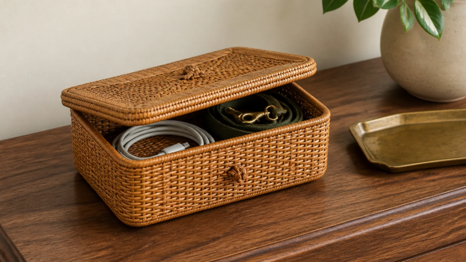 small lidded rattan box on an entryway table hiding daily essentials