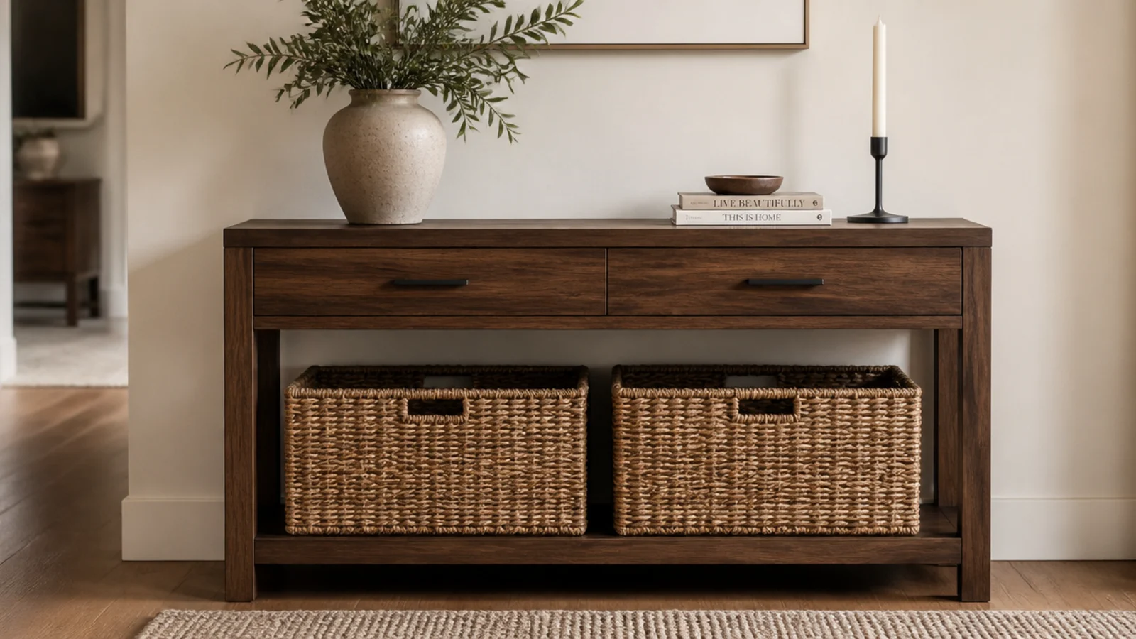two woven baskets sitting on the lower shelf of an entry console