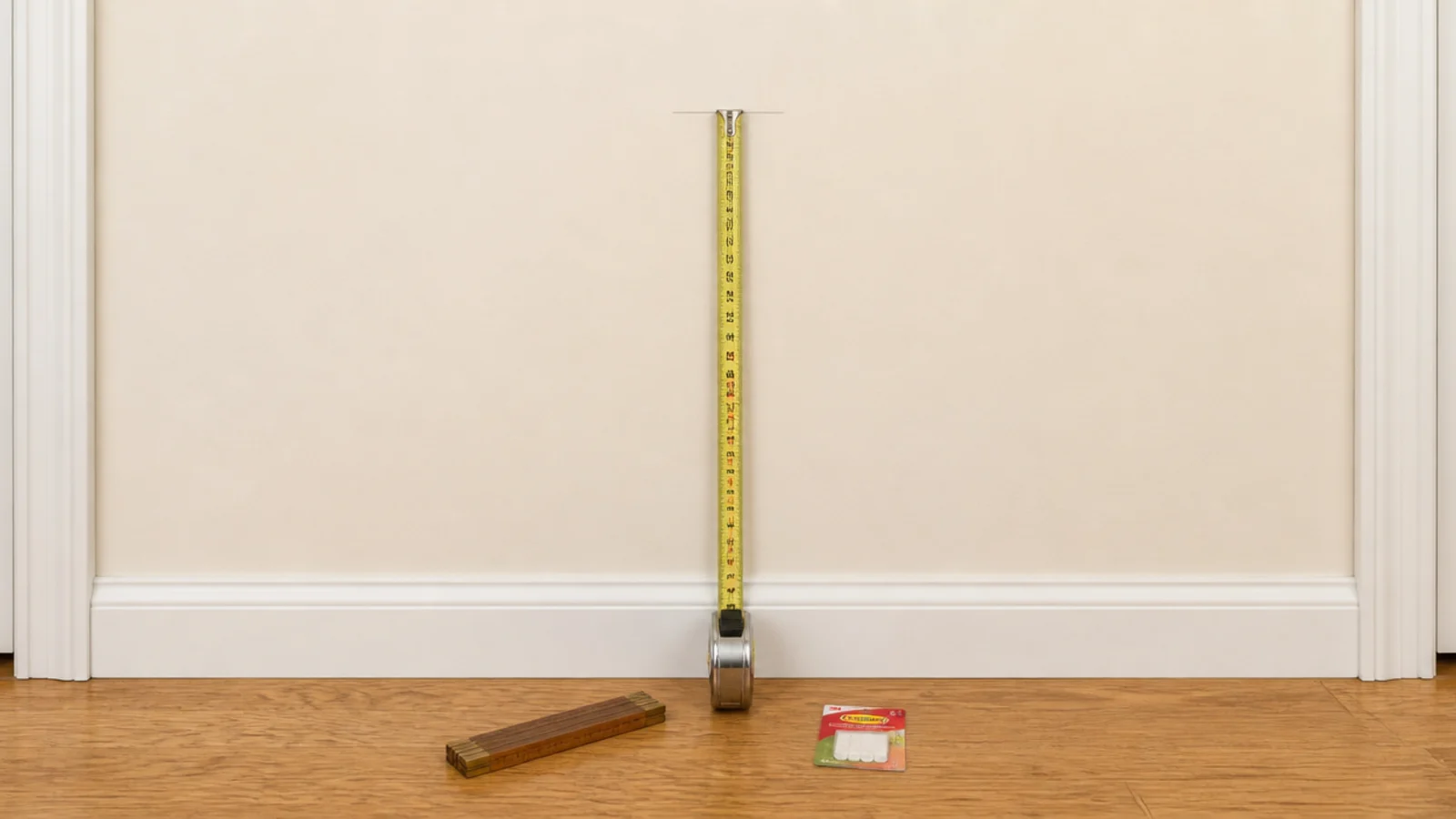tape measure marking hook height on a bare cream entryway wall