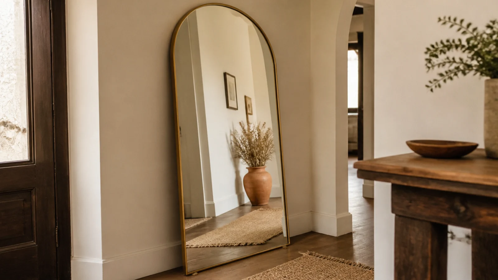 arched full length mirror leaning against an entryway wall above a runner