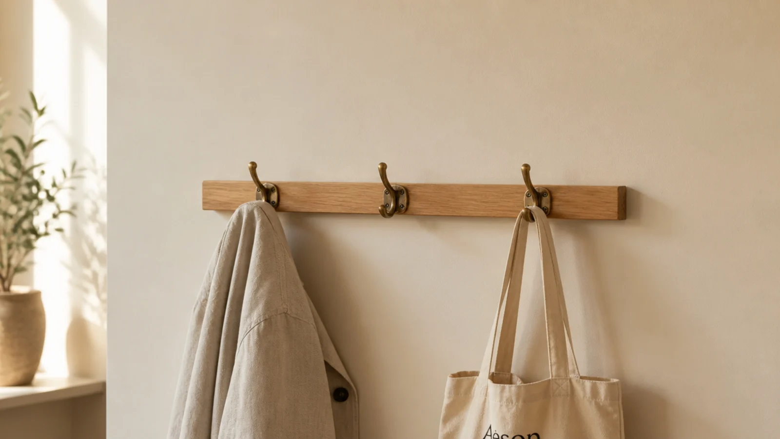 adhesive mounted oak hook rail holding two coats in a rental entryway