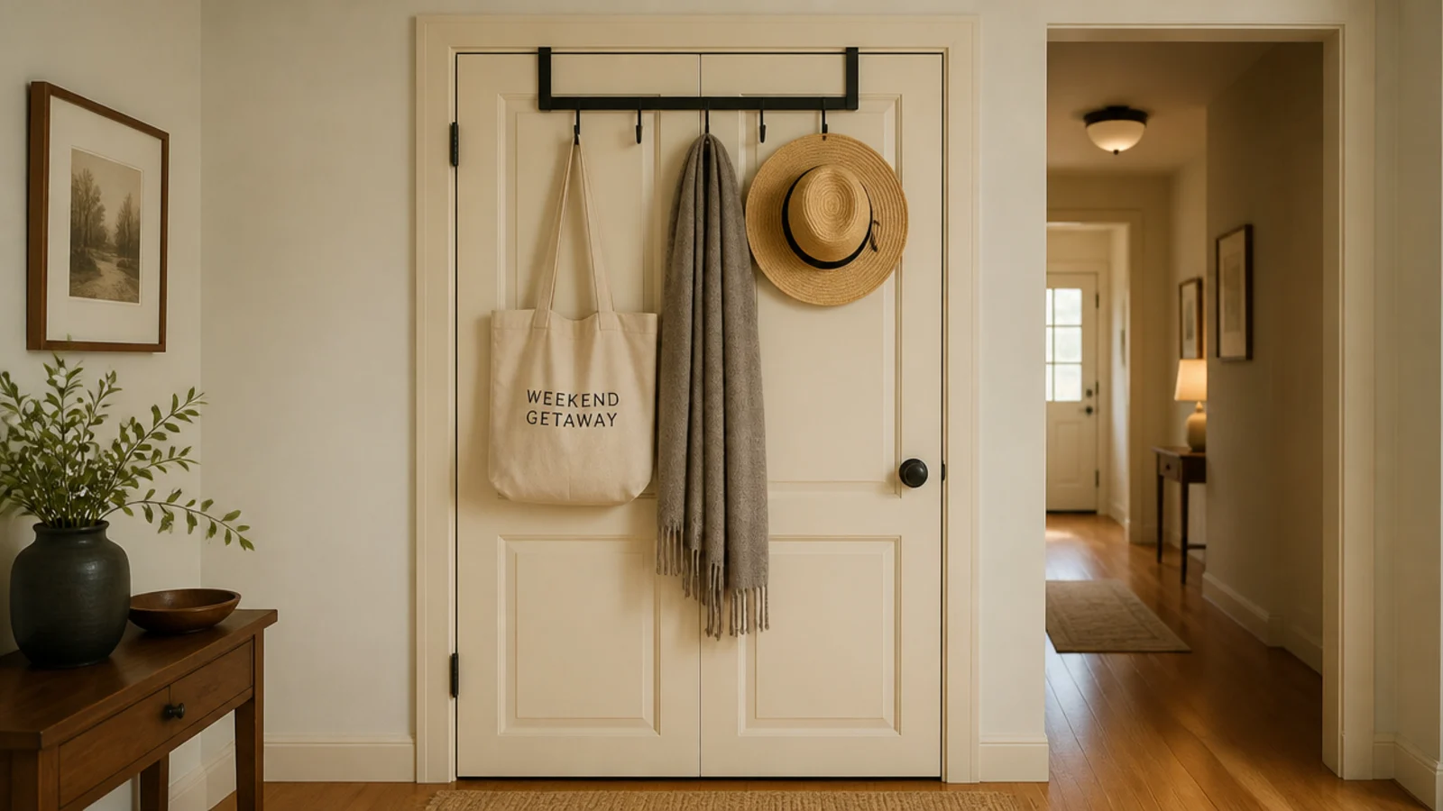 metal over the door hook bar holding bags on an entryway closet door