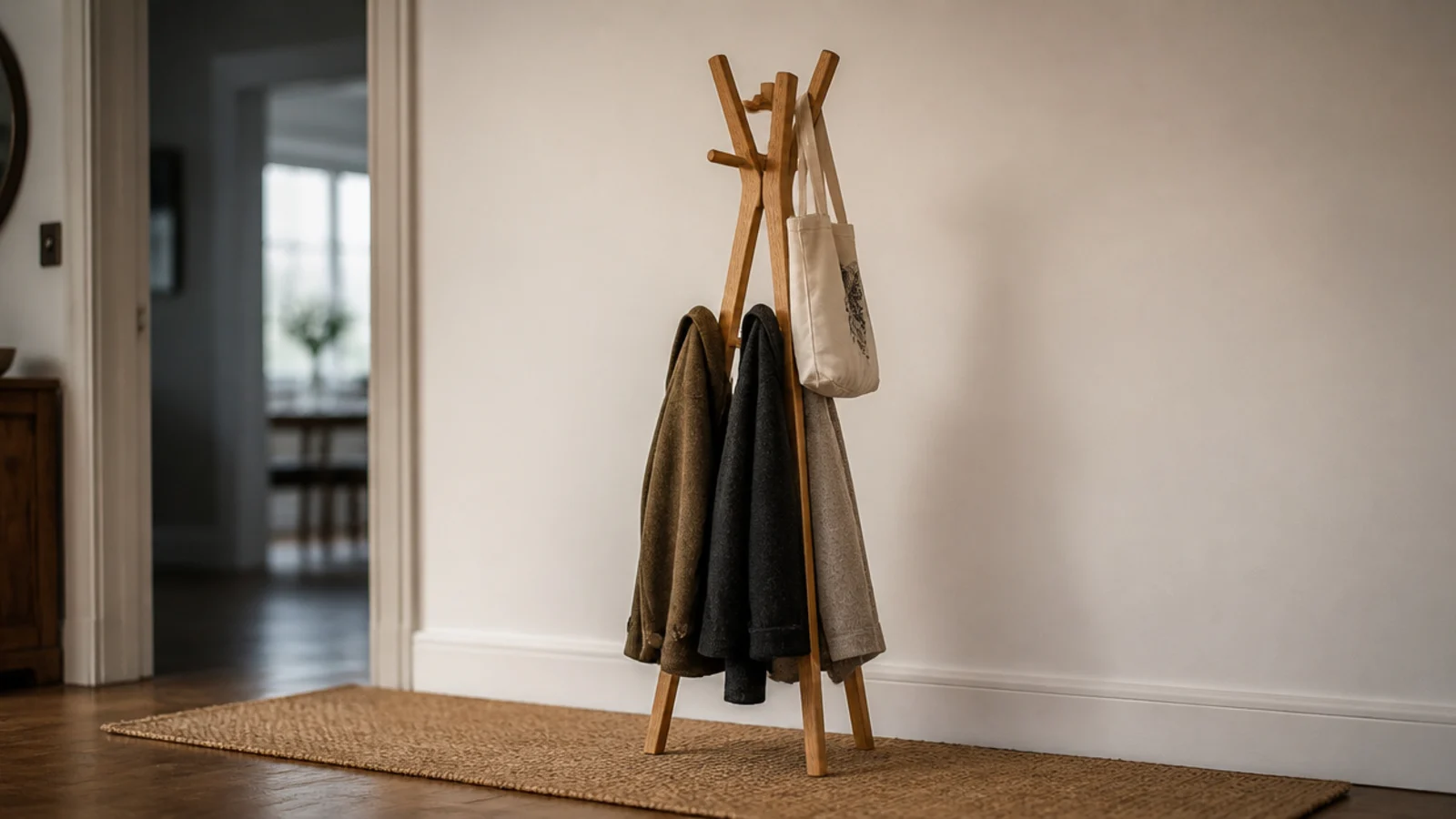 wooden freestanding coat stand loaded with jackets in a rental entry