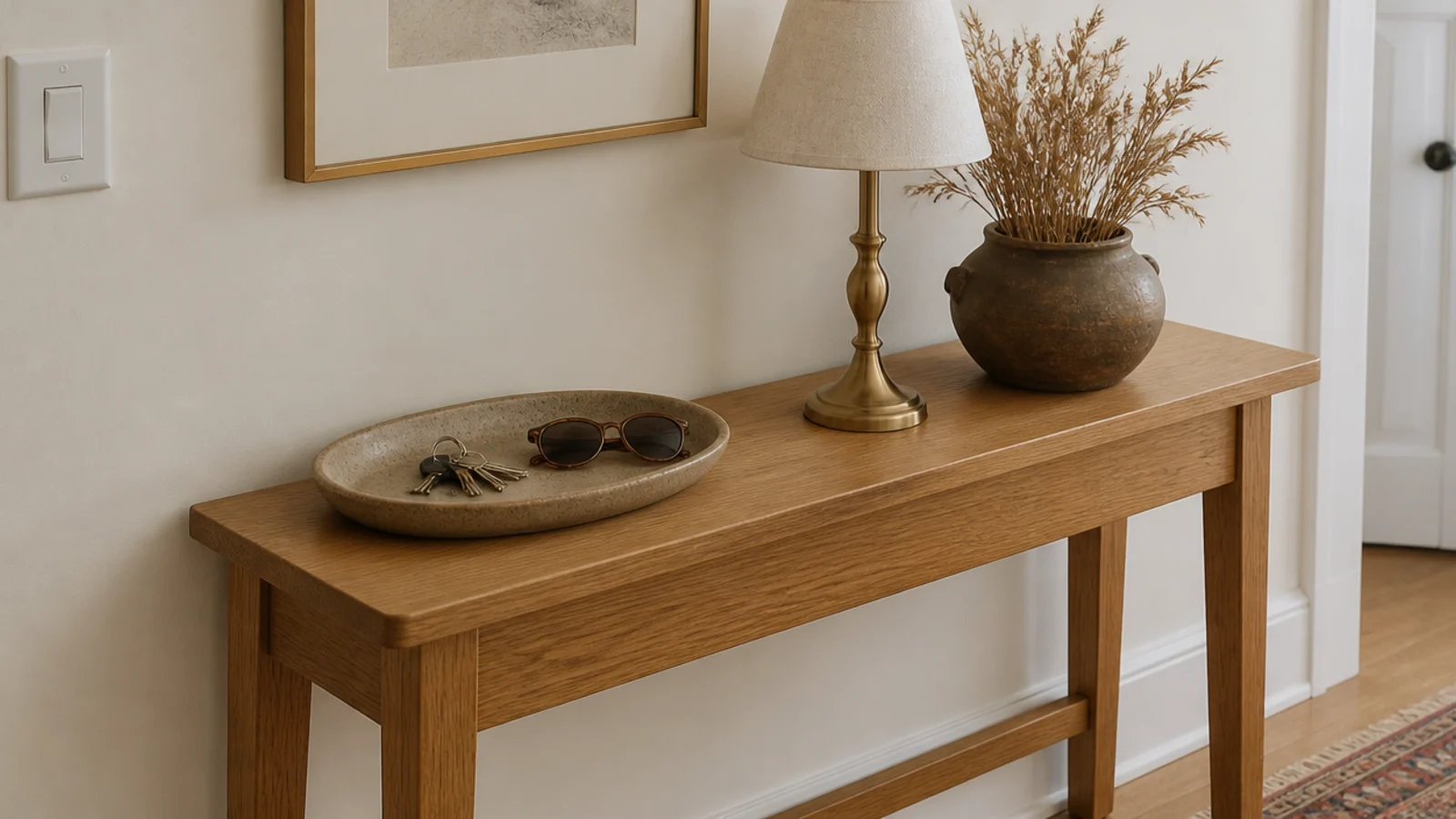 slim oak entryway console table with a stoneware tray and small lamp