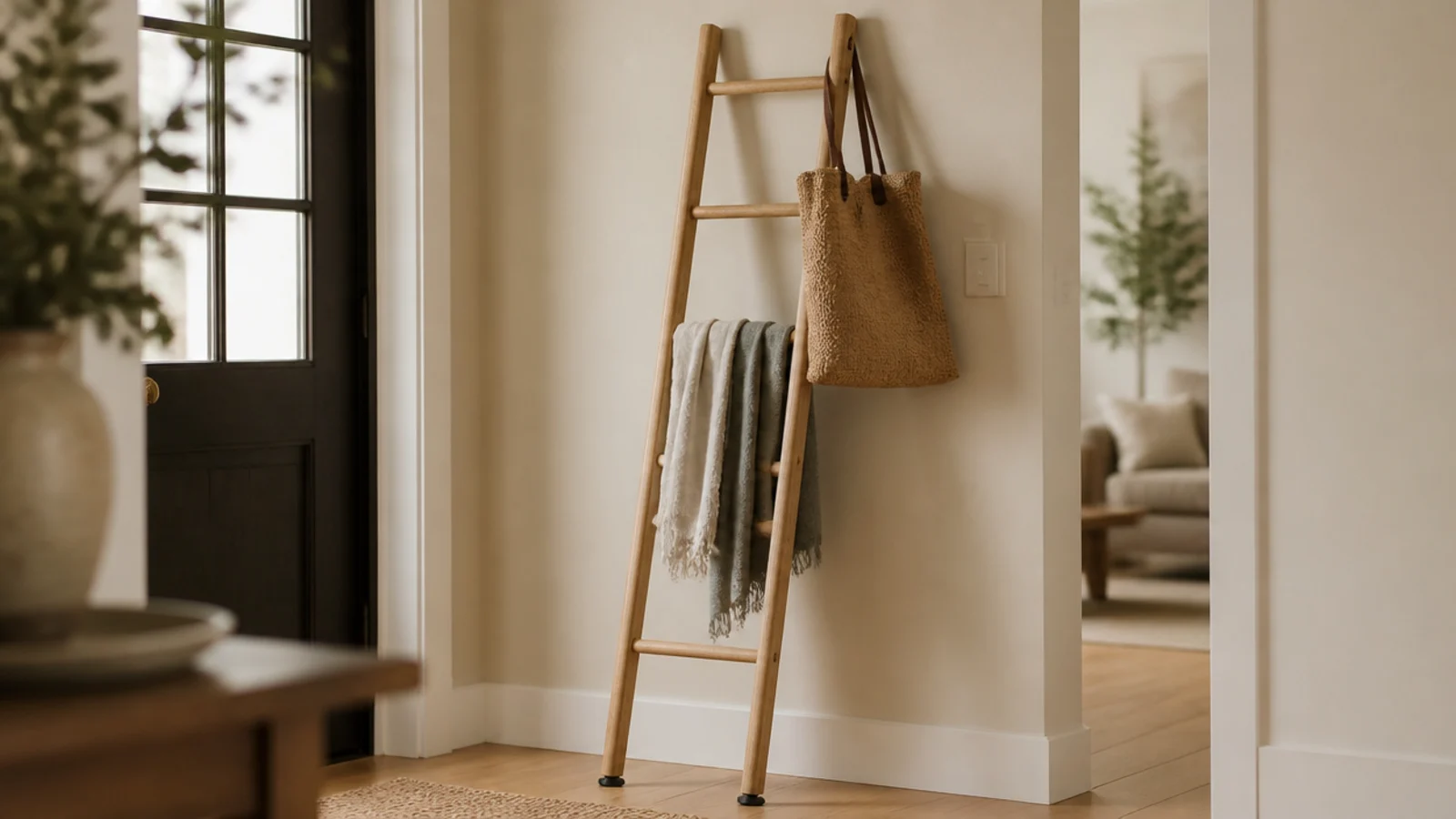 leaning wooden ladder holding scarves and totes in a narrow entryway