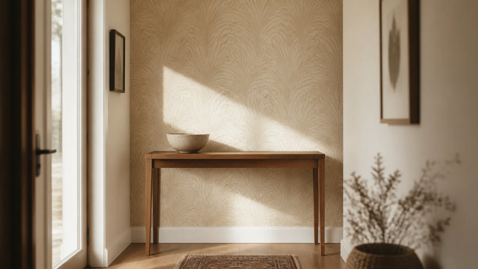 peel and stick wallpaper panel behind a console in a small entryway