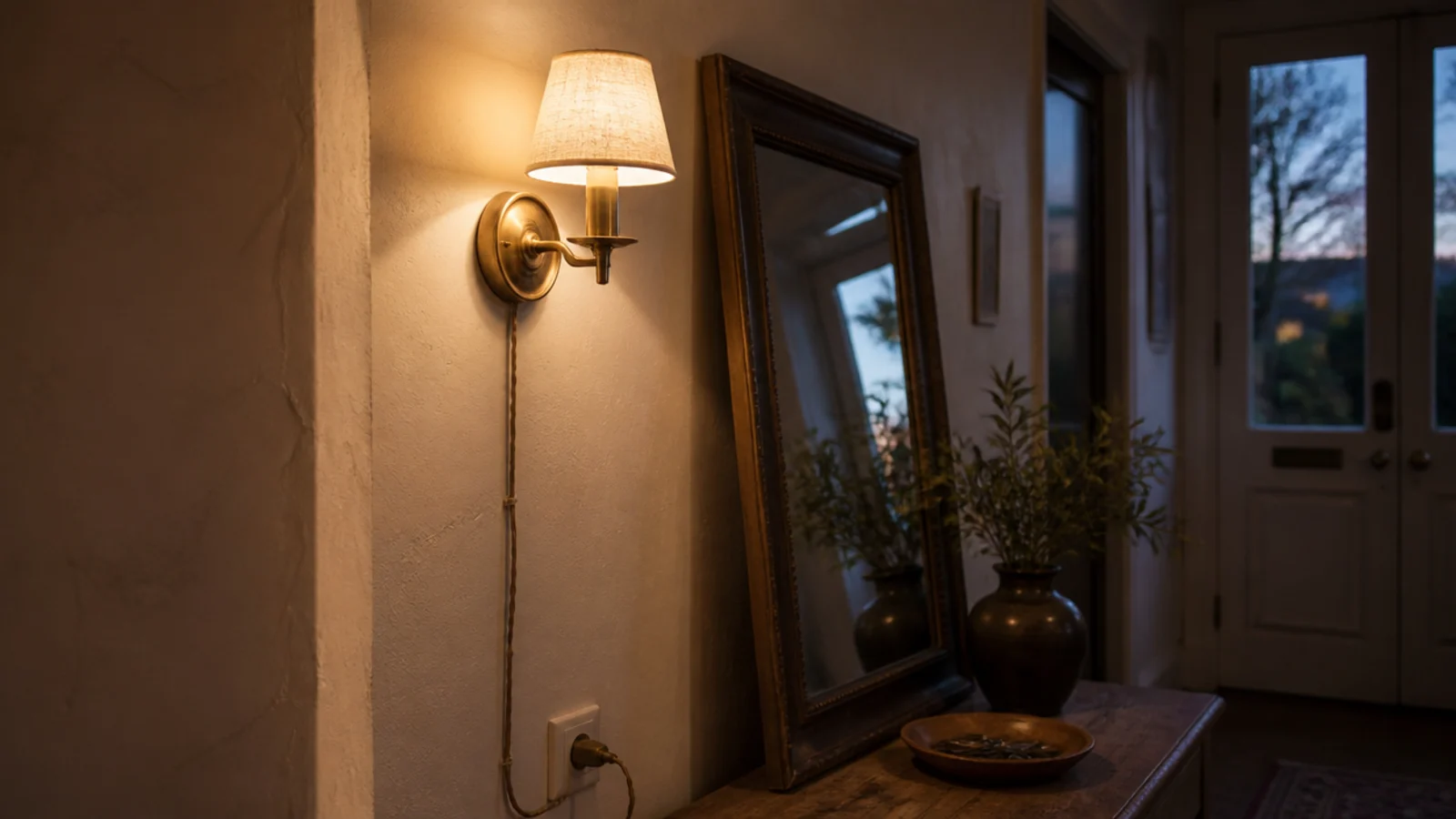 brass plug in sconce lighting an entryway wall beside a mirror