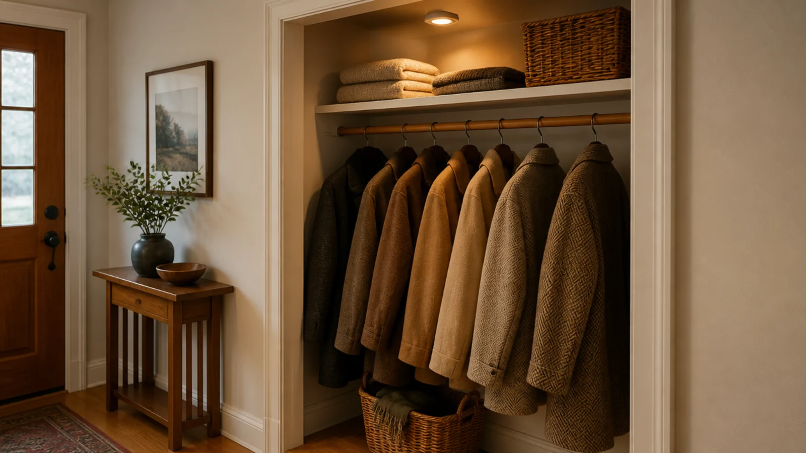 warm puck light glowing above an entryway closet shelf and coats