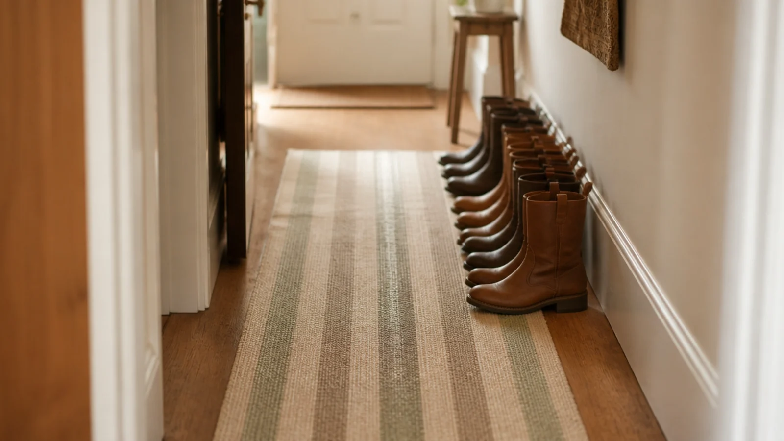 flat weave washable runner in an entryway beside a shoe row