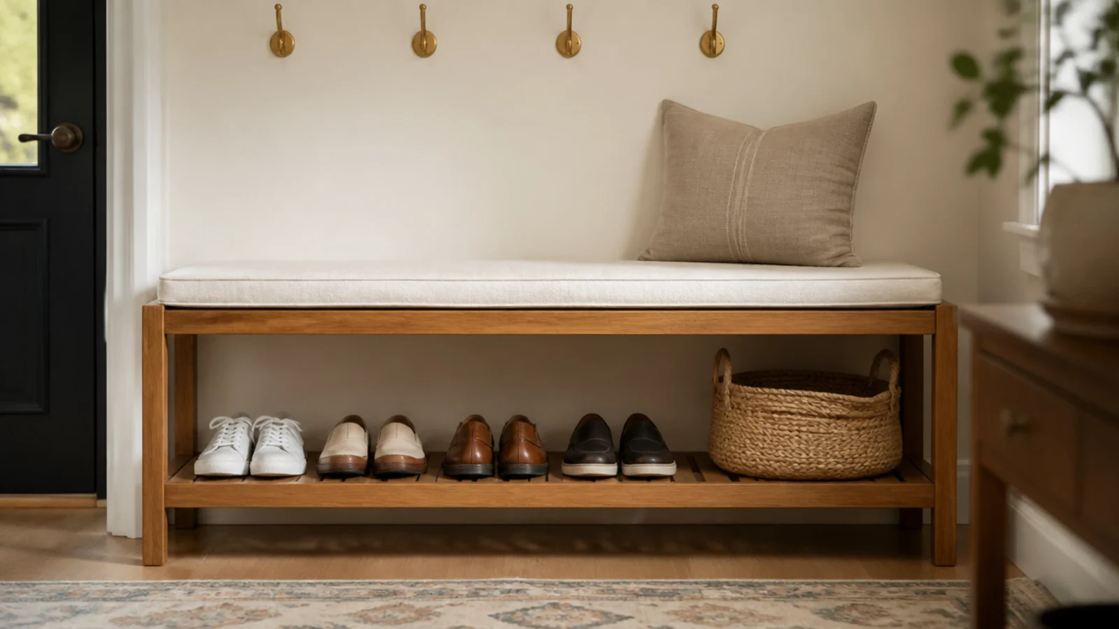 slatted oak entryway bench with shoes on the lower shelf below
