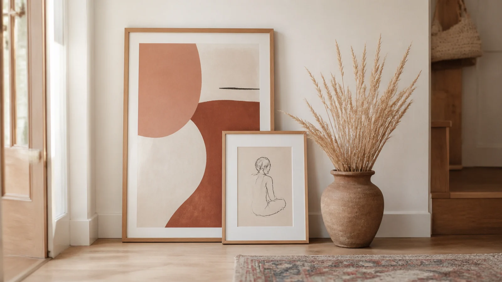 large framed art leaning on the floor of a bright entryway corner