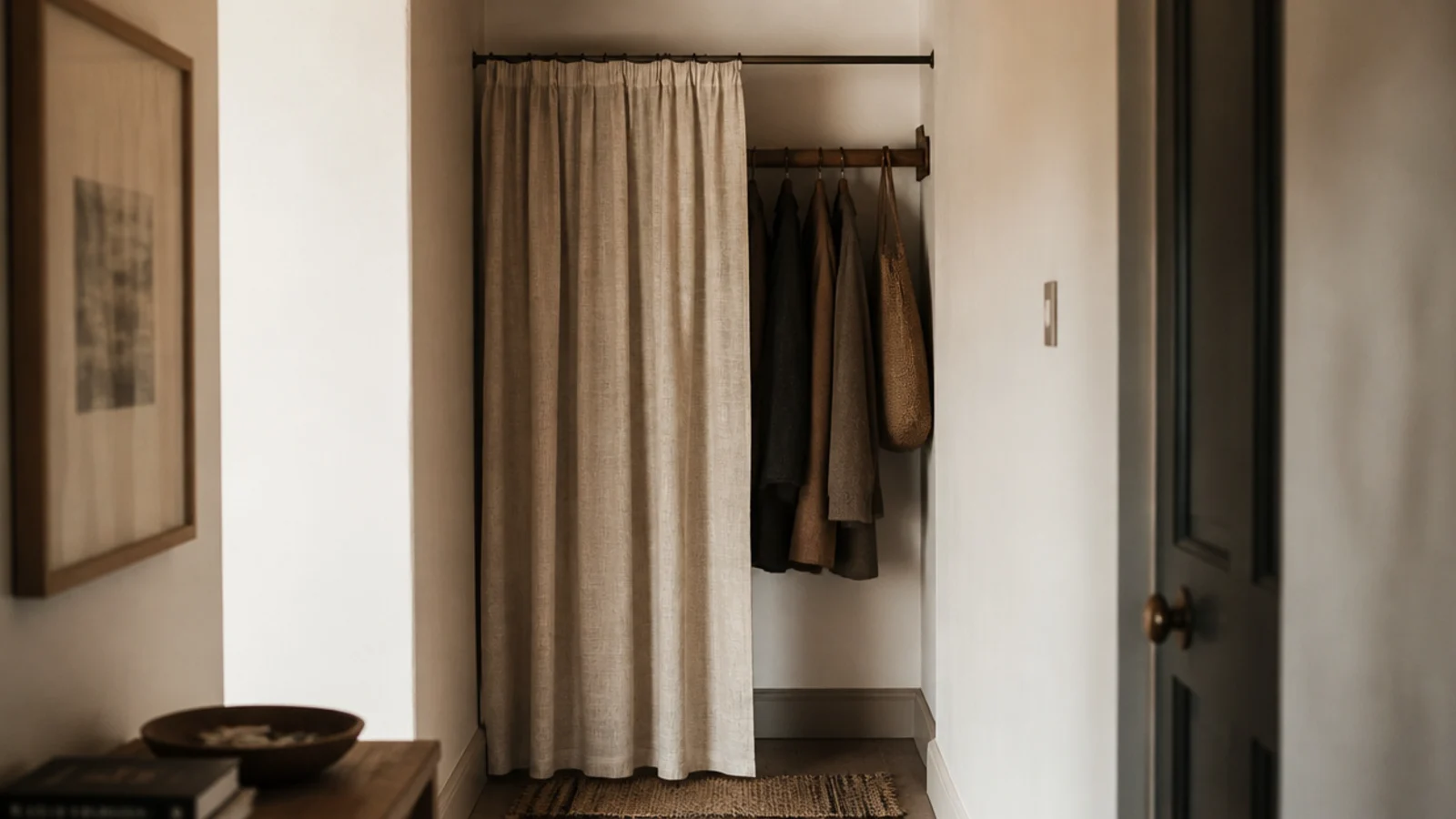 linen curtain on a tension rod concealing an entryway coat rail