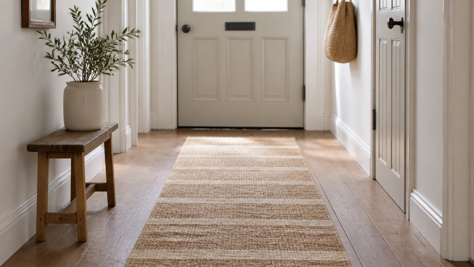 natural jute flat weave runner along a farmhouse entry floor