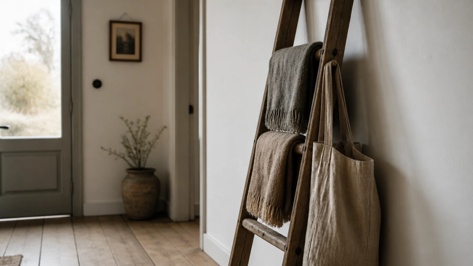 weathered wooden ladder leaning in an entry holding folded blankets
