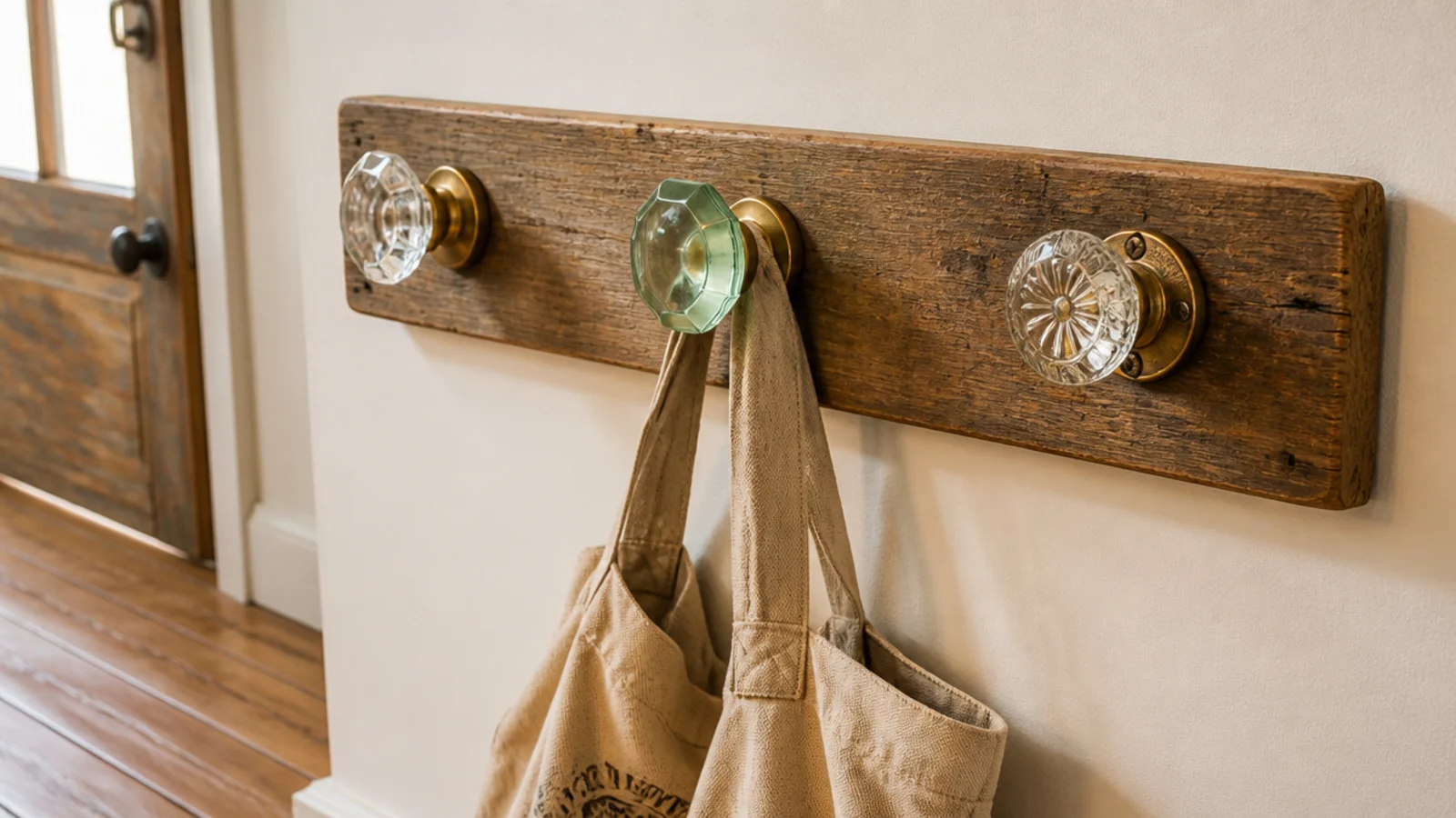 row of antique glass and brass doorknobs used as entryway hooks
