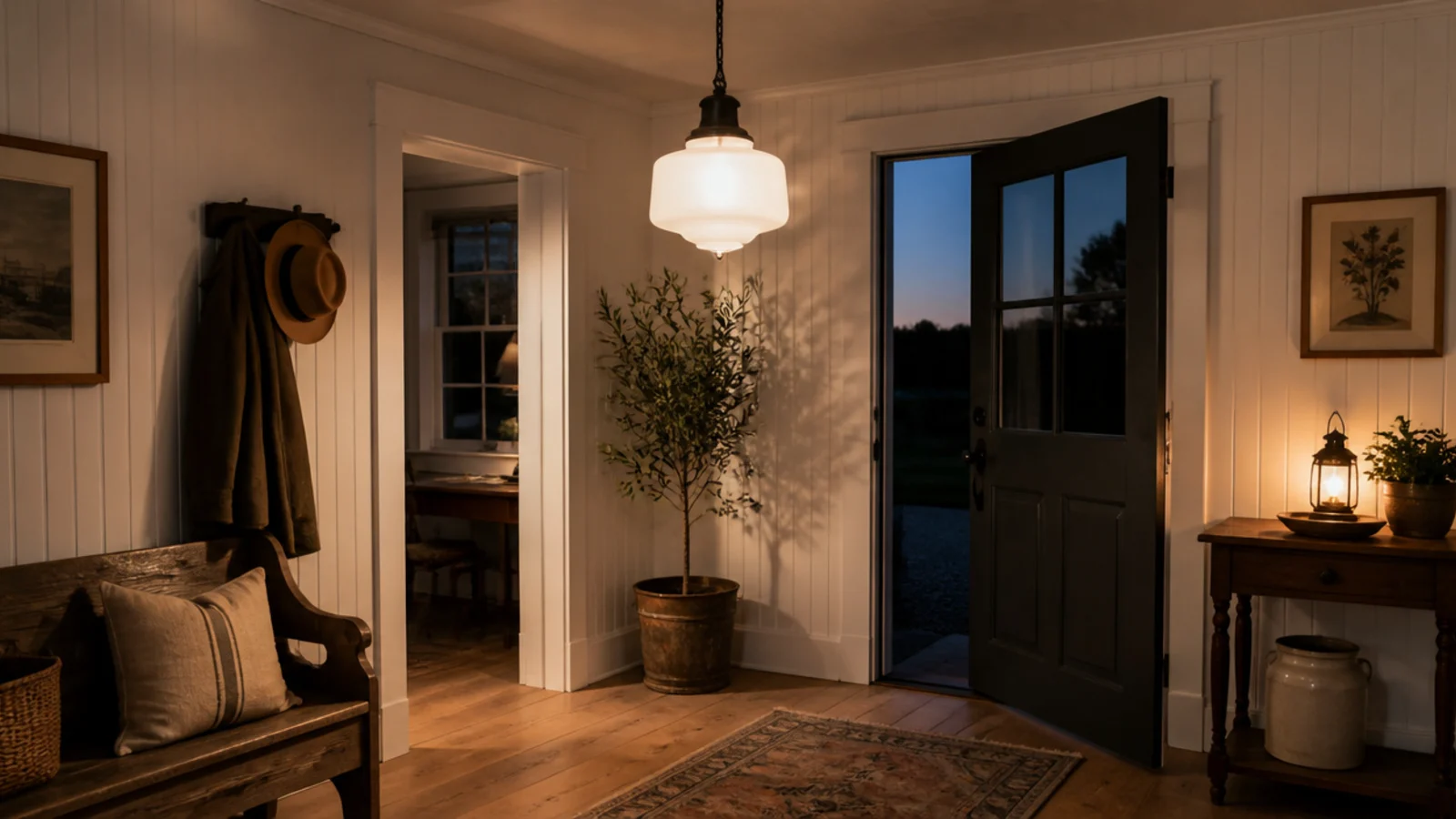 white schoolhouse pendant light glowing in a farmhouse entryway