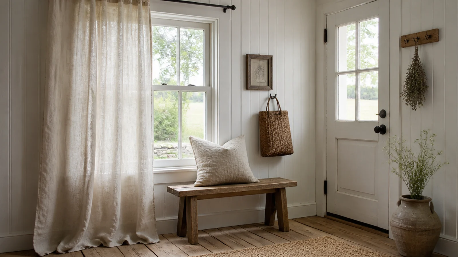 washed linen curtain and cushion softening a farmhouse entry hall