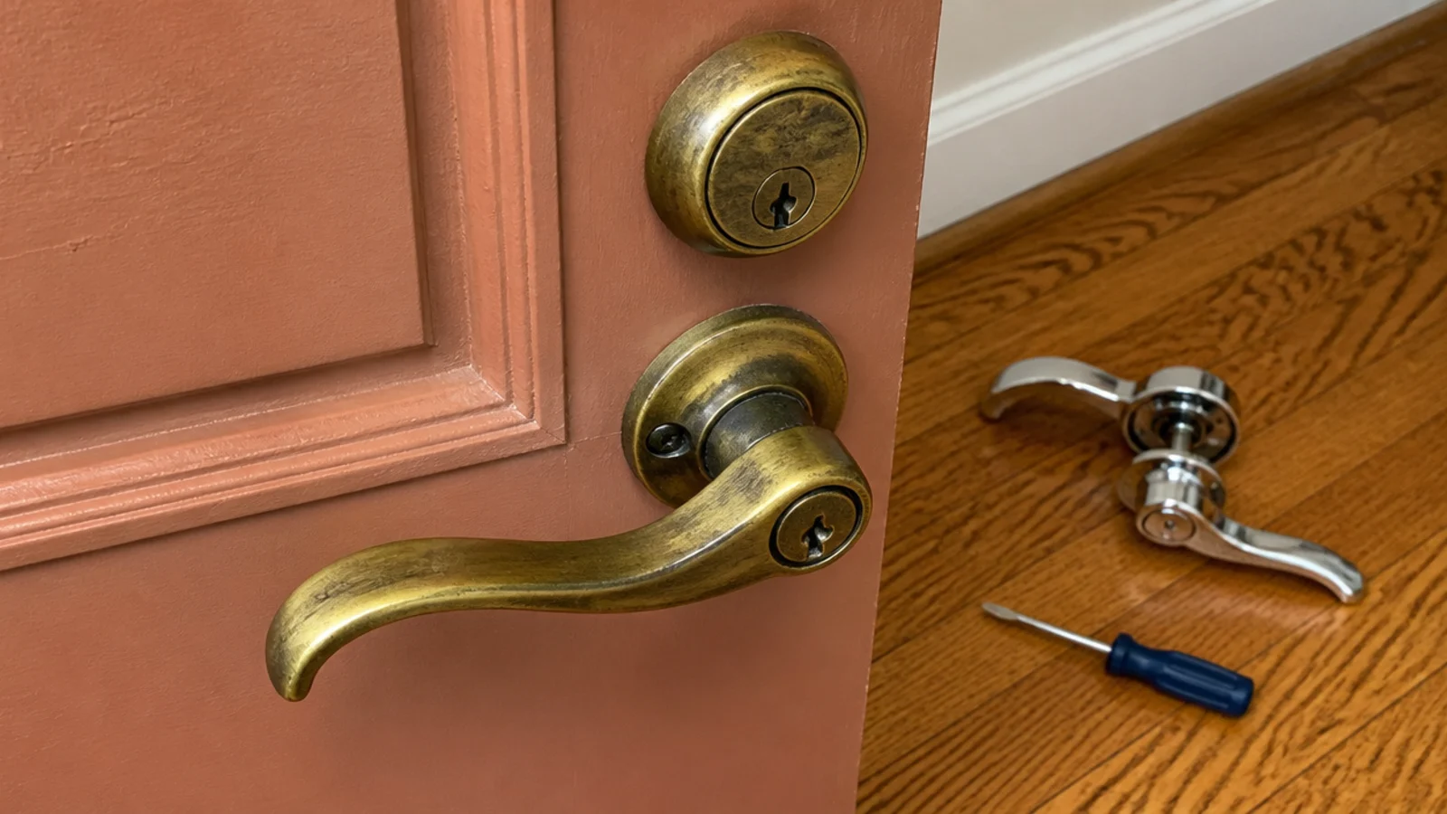 aged brass door lever and matching deadbolt on a foyer door