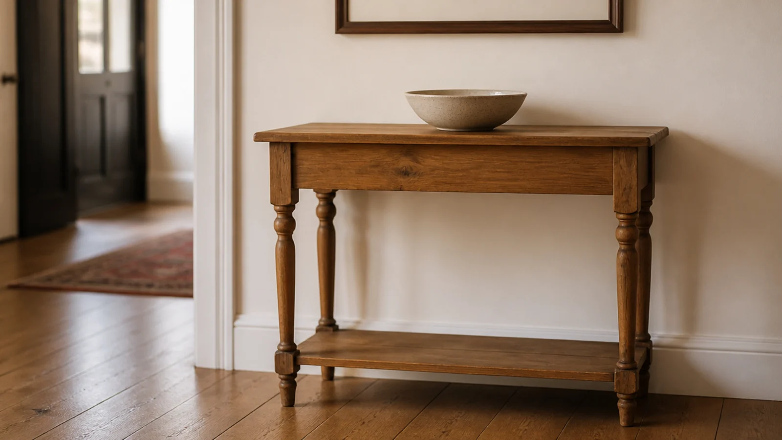 small thrifted wooden console table standing in a bright foyer