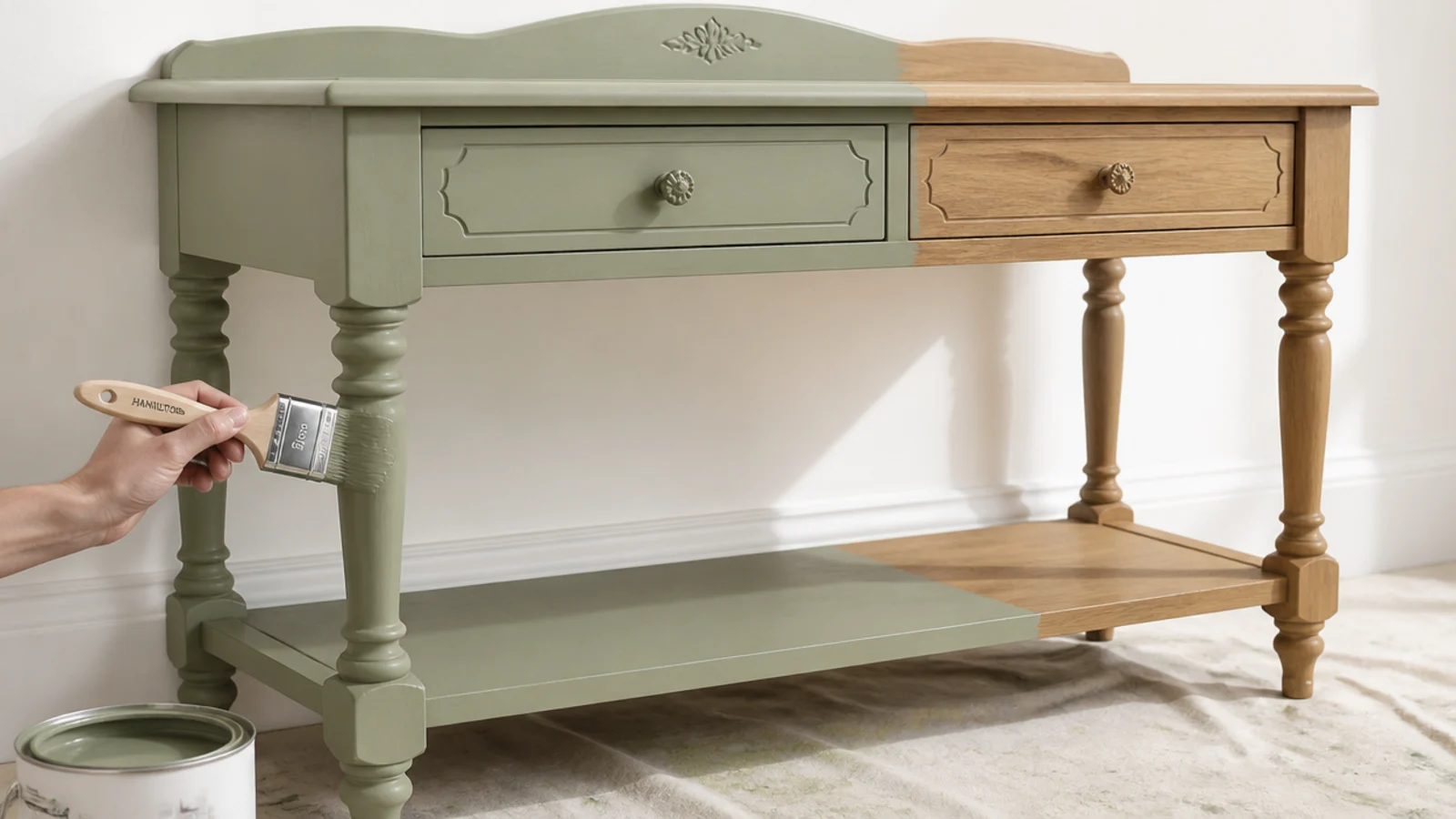 thrifted console being painted a single muted sage colour