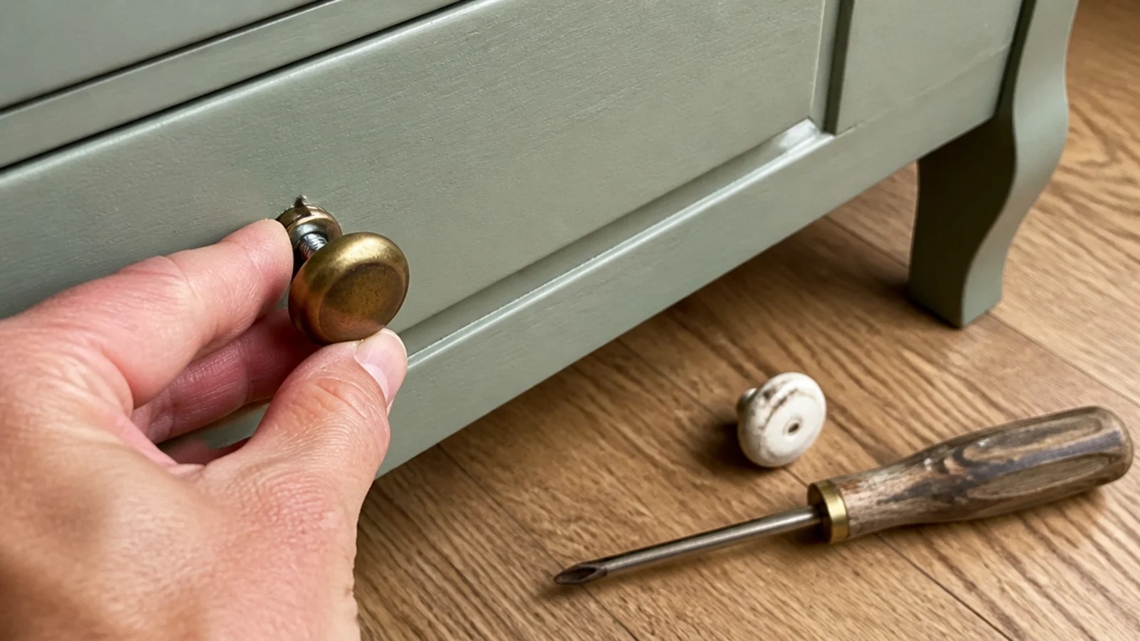 small brass knob being fitted to a repainted foyer console drawer