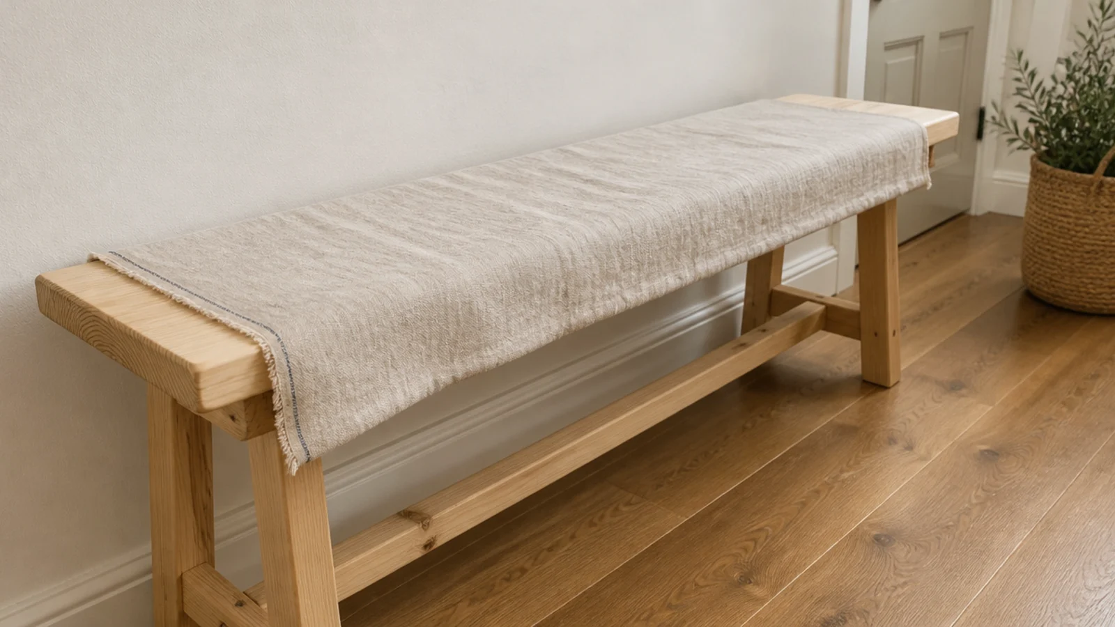 natural linen cover laid over a plain wooden foyer bench seat
