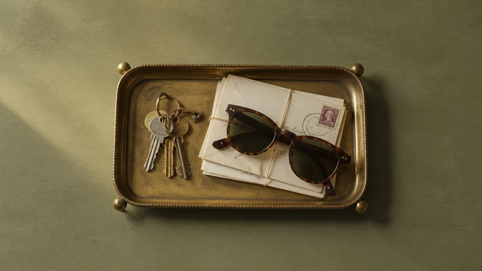 single brass tray on a foyer console holding keys and post