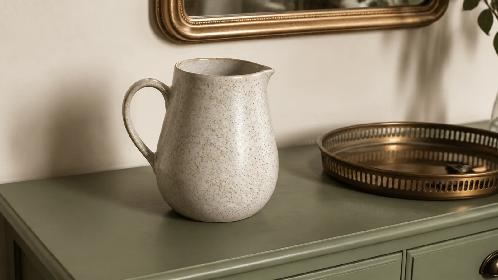 speckled stoneware jug standing on a foyer console beside a tray