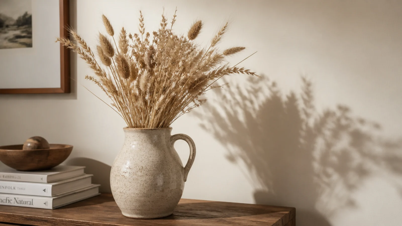 dried grasses and seed heads arranged in a foyer stoneware jug