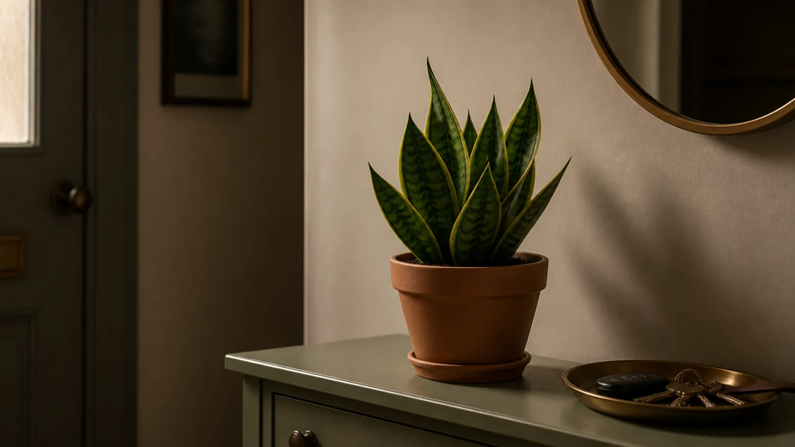 small snake plant in a clay pot on a shaded foyer console