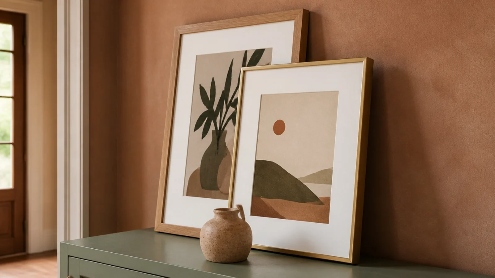 framed prints leaning against a foyer wall on a console top