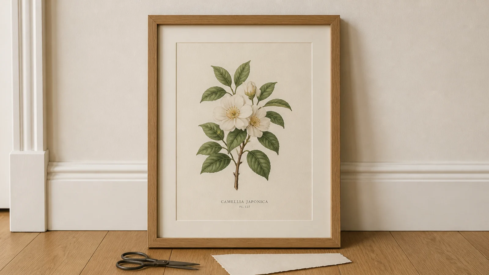 botanical calendar print set inside a plain oak frame in a foyer