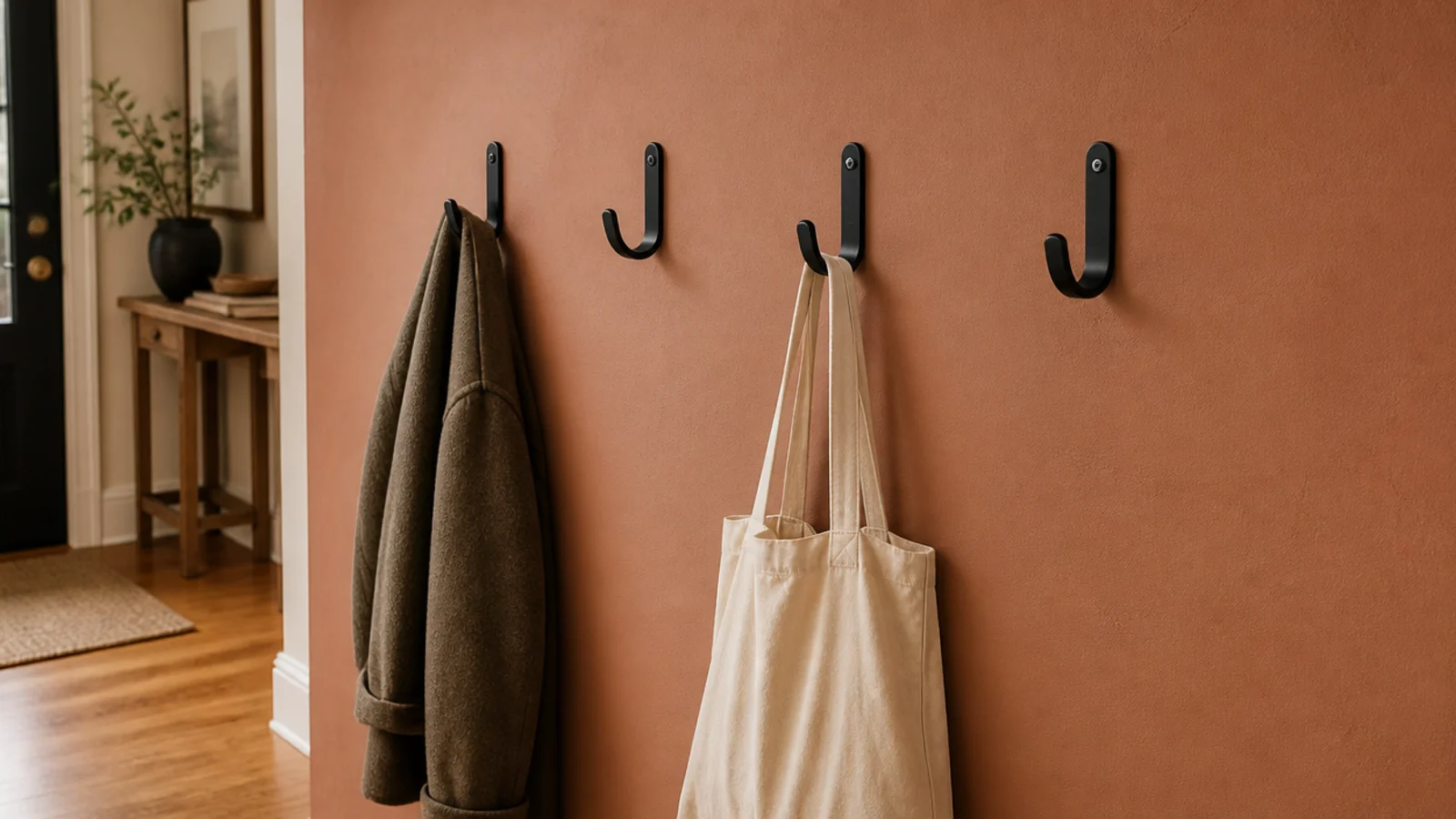 row of plain utilitarian metal hooks mounted along a foyer wall