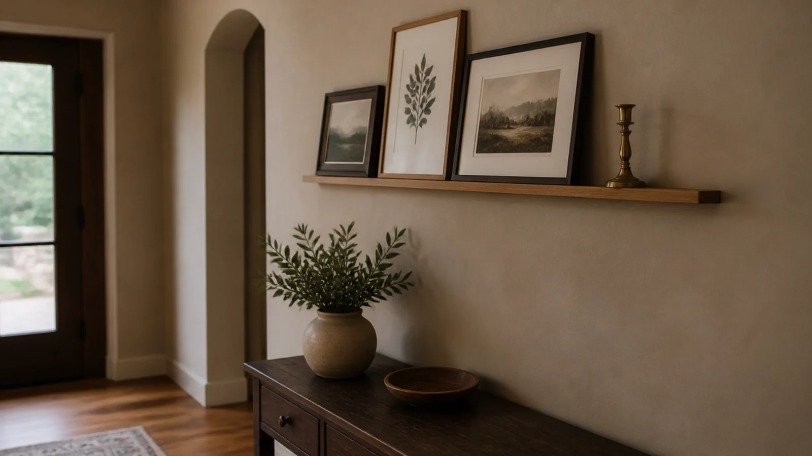 narrow picture ledge in a foyer holding leaning prints and a candle