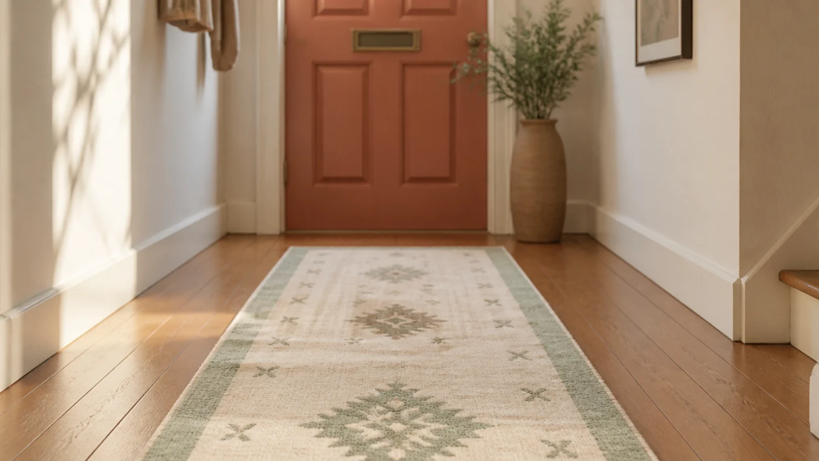 plain flat weave runner laid along a foyer floor by the door