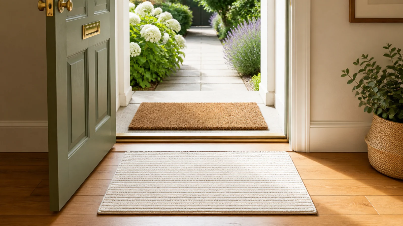 coir mat outside a front door and washable mat on the foyer floor