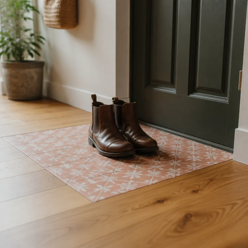 peel and stick tile square laid inside a foyer door as a landing zone