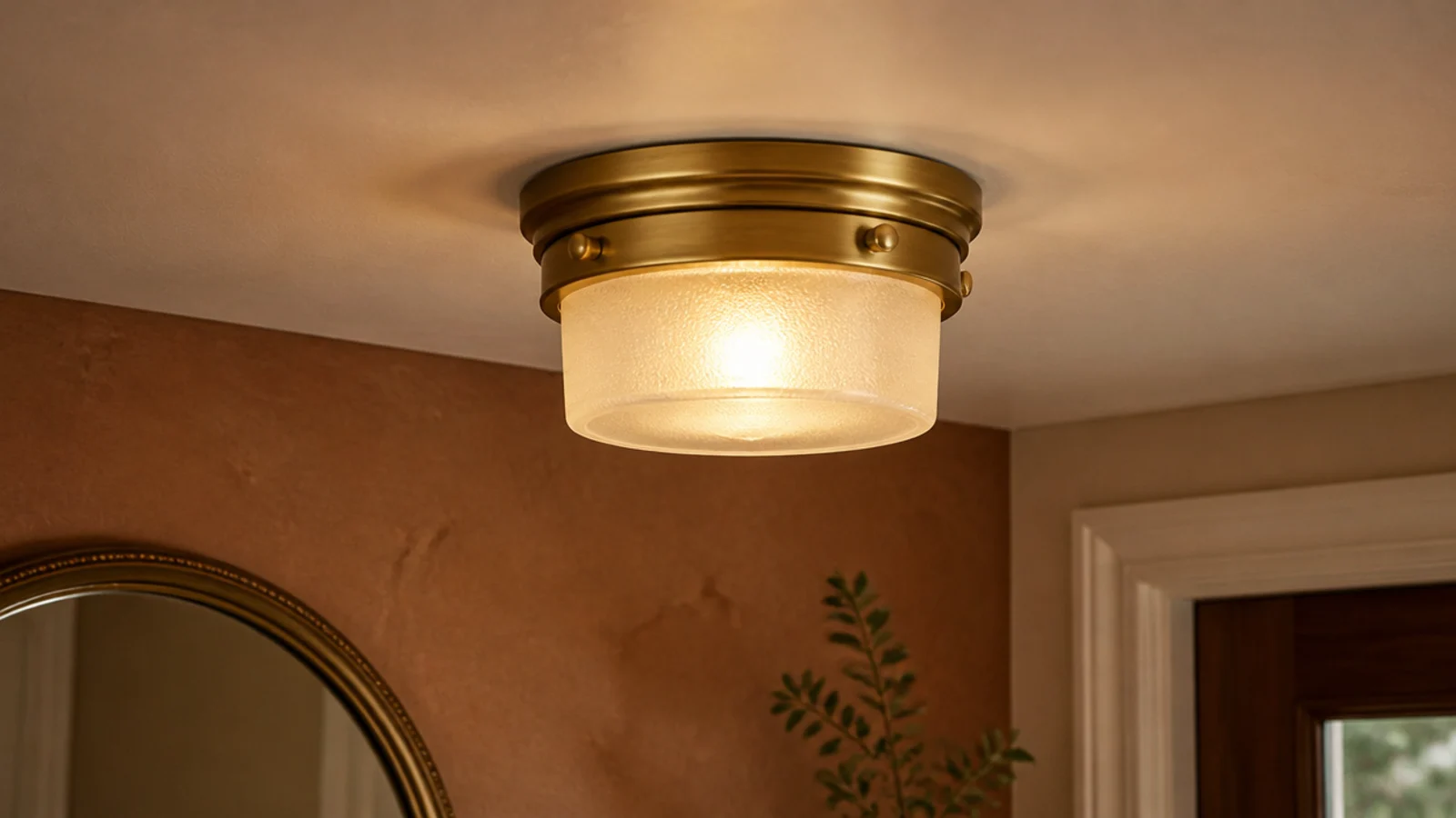 compact frosted glass ceiling shade glowing warmly in a foyer