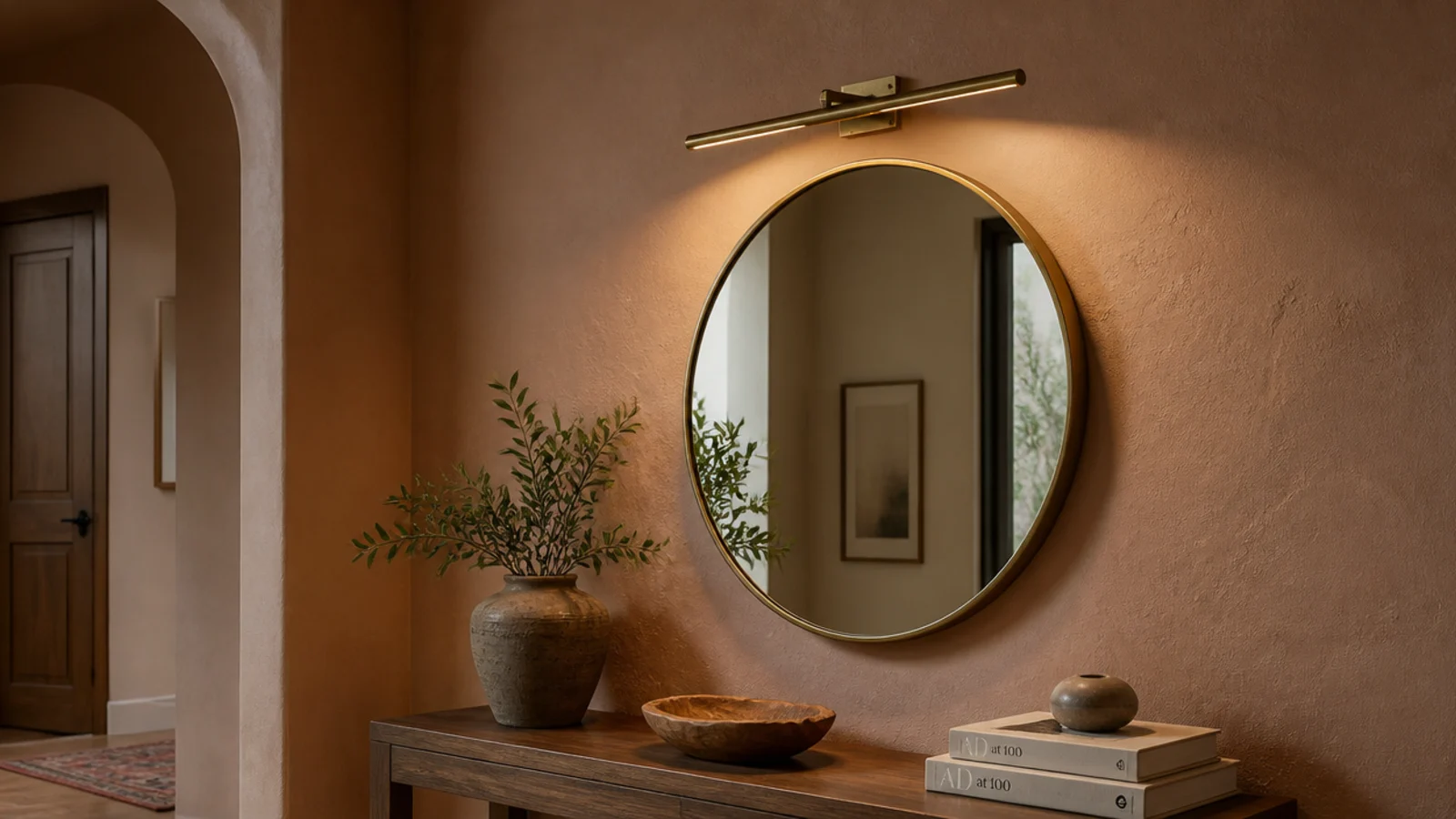 slim battery picture light mounted above a round foyer mirror
