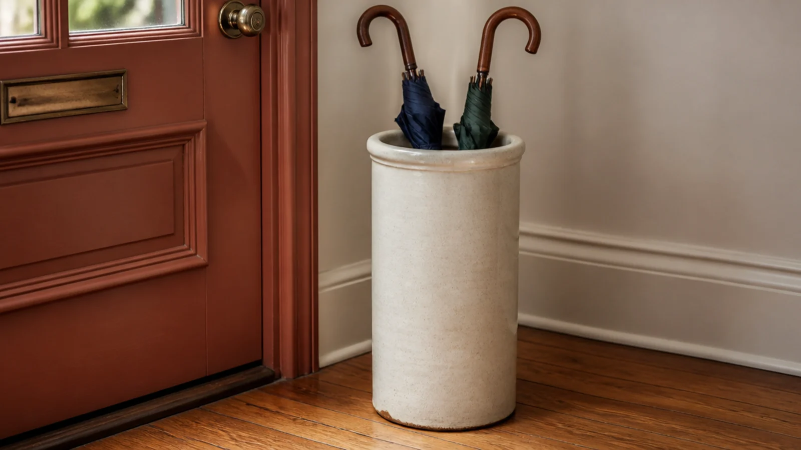 tall stoneware crock holding umbrellas beside a foyer front door