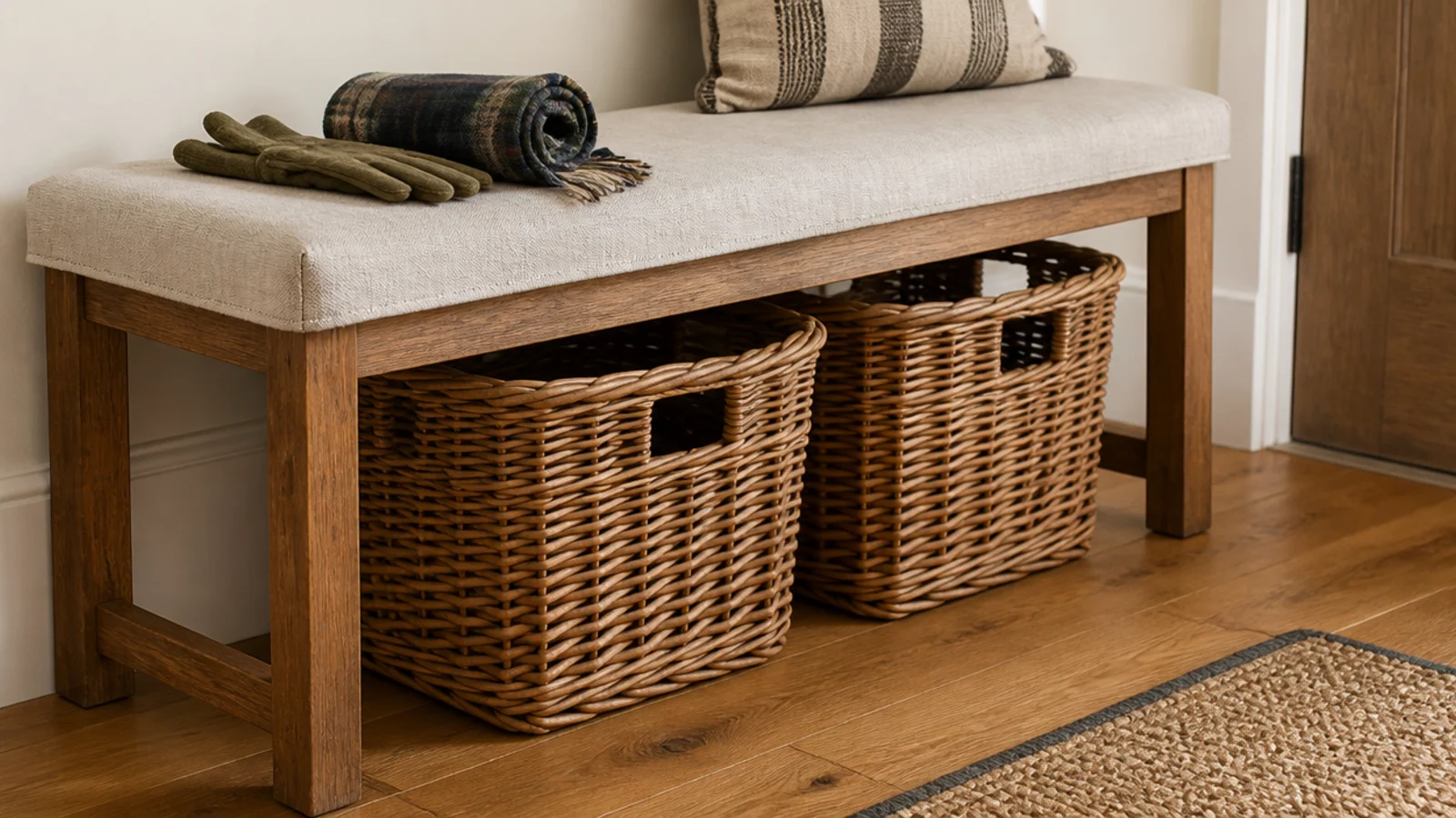woven garden baskets stacked under a foyer bench holding gloves