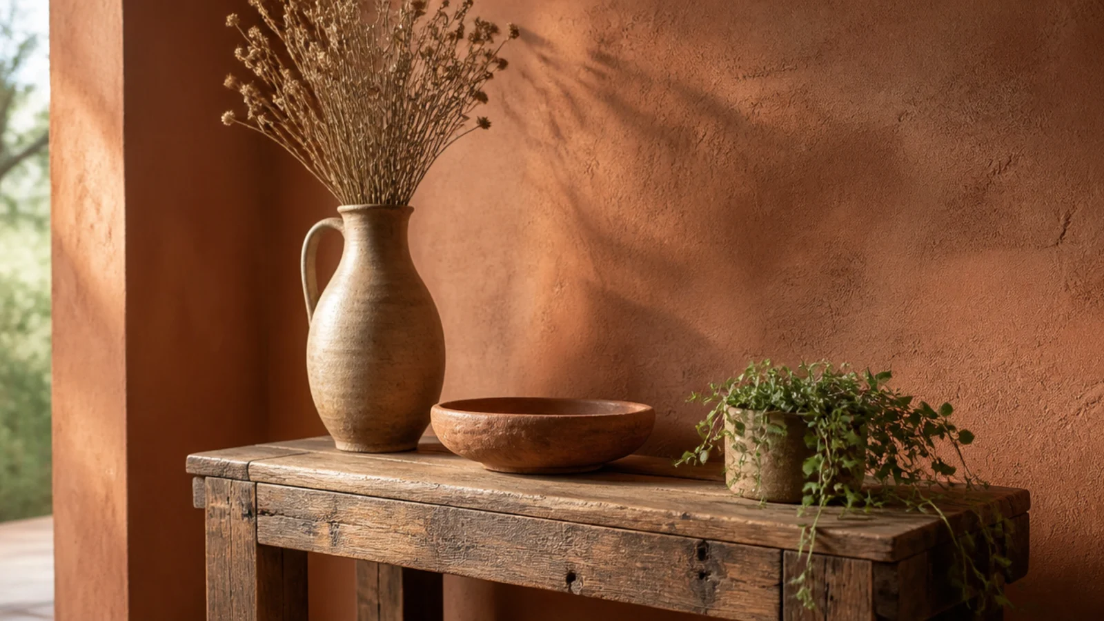 three objects at different heights styled on a foyer console top