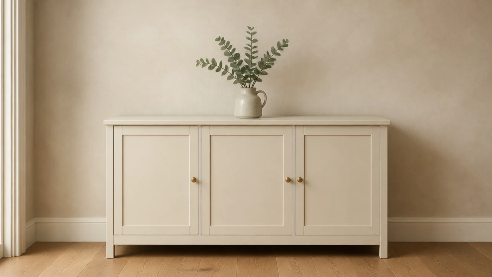 shoe cabinet top in a foyer holding only a single small jug