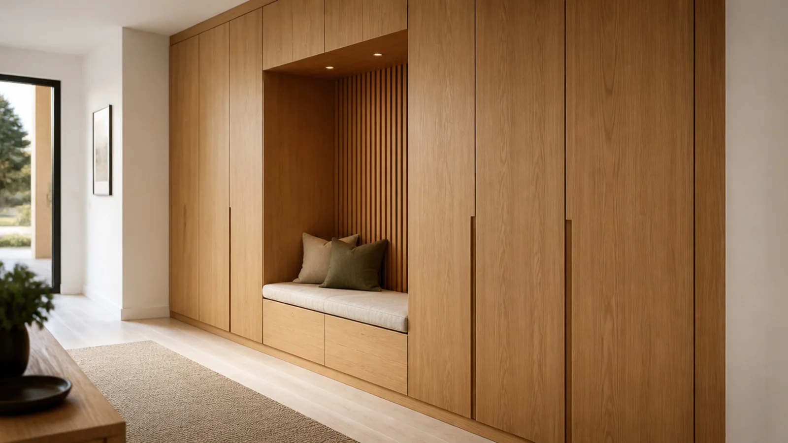 single oak veneer running across an entire modern foyer wall unit
