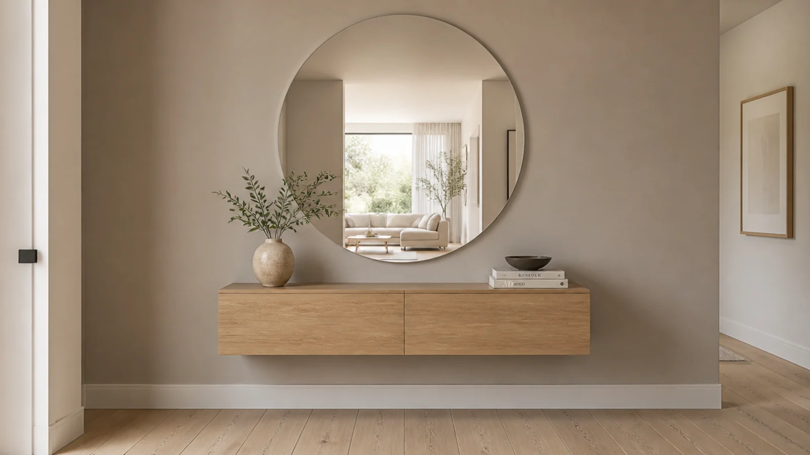 frameless round mirror mounted flush on a modern foyer wall