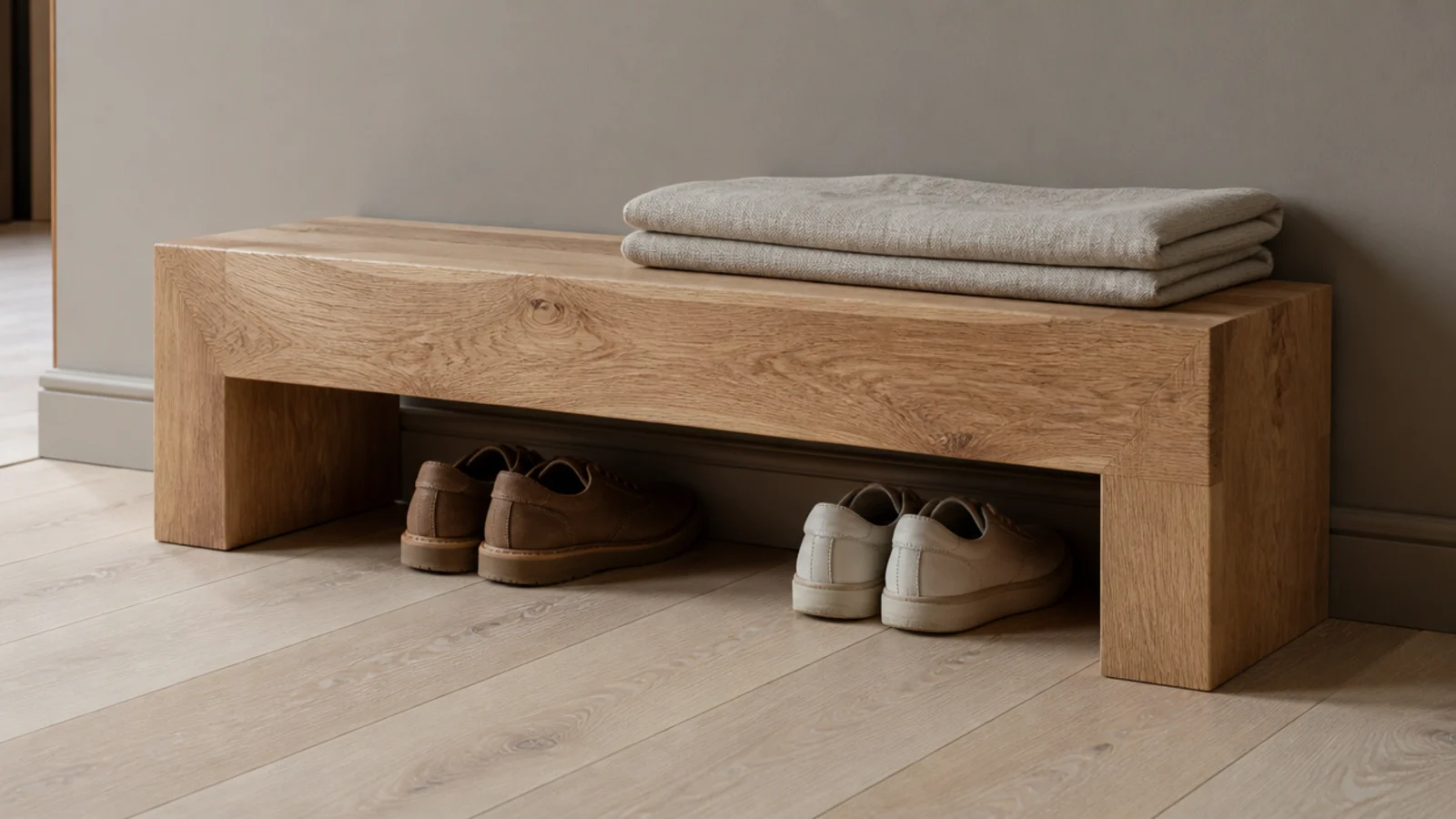 solid oak block bench sitting against a modern foyer wall