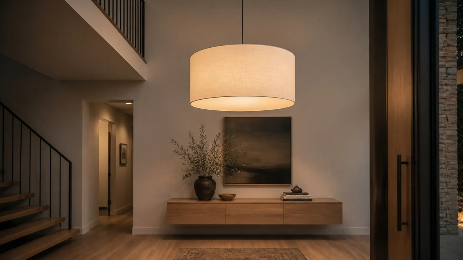 single large linen drum pendant hanging in a modern foyer